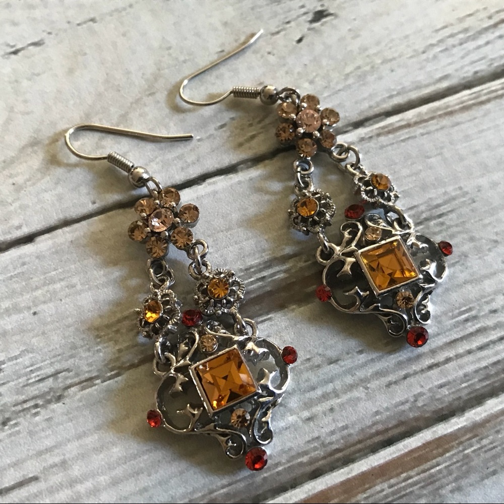 orange and red rhinestone chandelier earrings